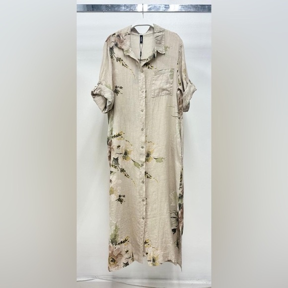 Venti6 Dresses & Skirts - (5-42-MAGNOLIA-BGE) BUTTON DOWN LONG MAGNOLIA FLOWERS LINEN DRESS